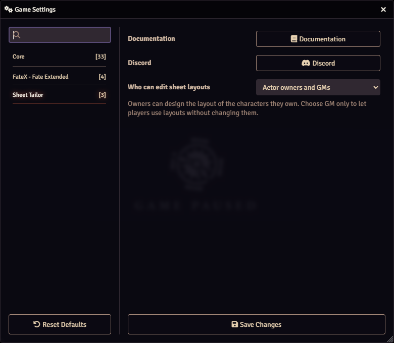 Sheet Tailor's settings: the Documentation and Discord buttons and the Who can edit sheet layouts option