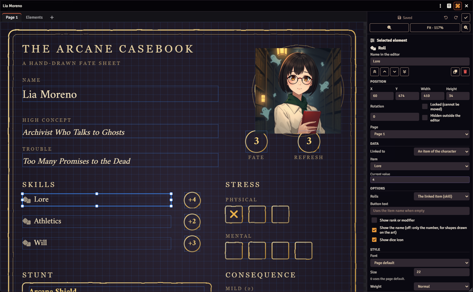 The layout editor open: a roll button is selected on the page, with handles around it, and the panel next to it shows its position, data and options