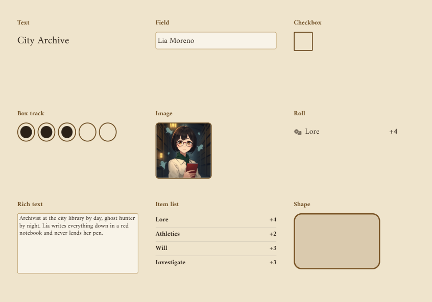 A page with one element of each type: text, field, checkbox, box track, image, roll, rich text, item list and shape