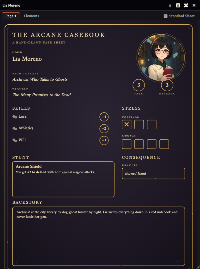 A FateX character's Freeform Sheet built on a drawn artwork, with the tabs Page 1, Elements and Standard Sheet