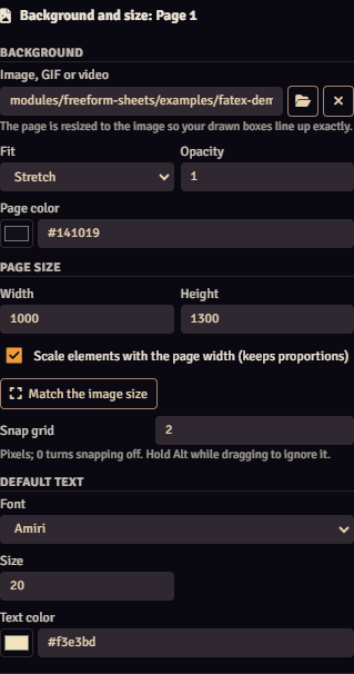 The Background and size section of the editor, with the background image, fit, color, page size, grid and default text