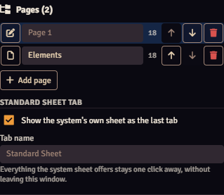 The Pages section of the editor, with two pages, the Add page button and the options of the standard sheet tab