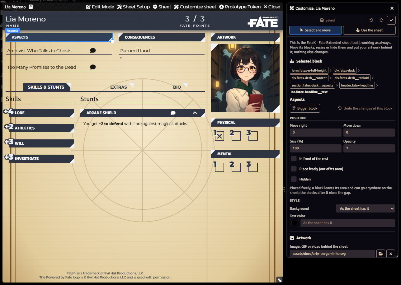The FateX sheet with the customizer open next to it: the aspects block is selected and a parchment artwork shows behind it