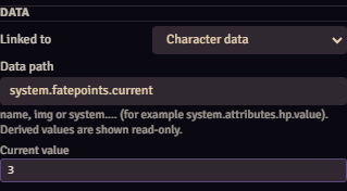 The Data part of a field: linked to character data, at the path system.fatepoints.current, with the current value 3