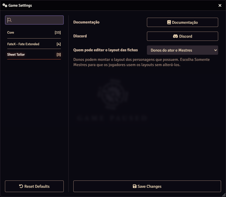 As configurações do Sheet Tailor: os botões Documentação e Discord e a opção Quem pode editar o layout das fichas