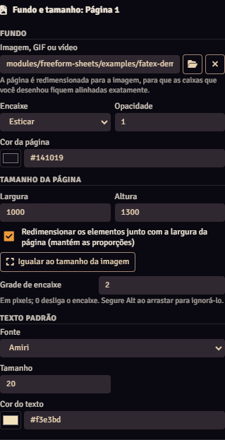 A seção Fundo e tamanho do editor, com a imagem de fundo, o encaixe, a cor, o tamanho da página, a grade e o texto padrão