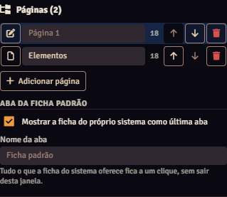 A seção Páginas do editor, com duas páginas, o botão Adicionar página e as opções da aba da ficha padrão
