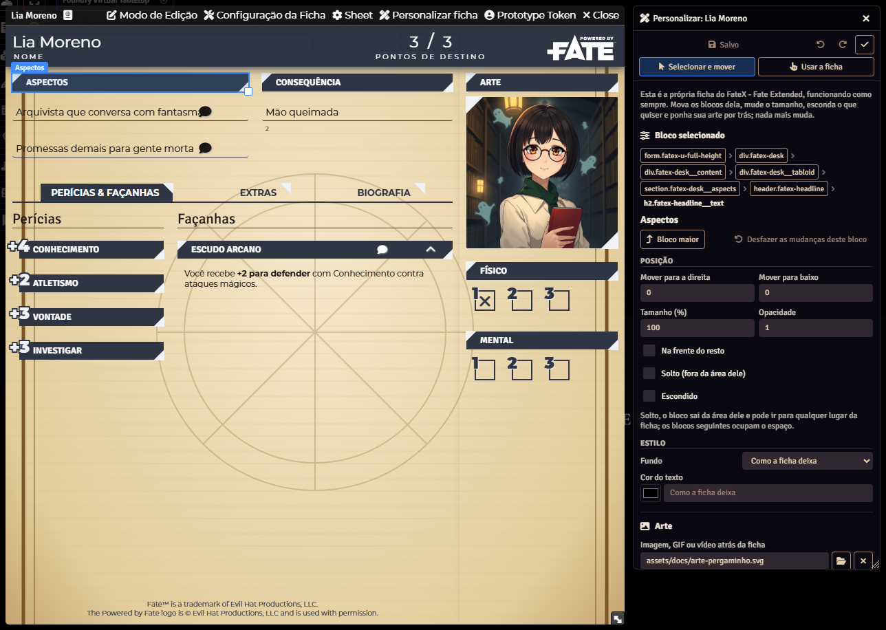 A ficha do FateX com o personalizador aberto ao lado: o bloco de aspectos está selecionado e uma arte de pergaminho aparece por trás