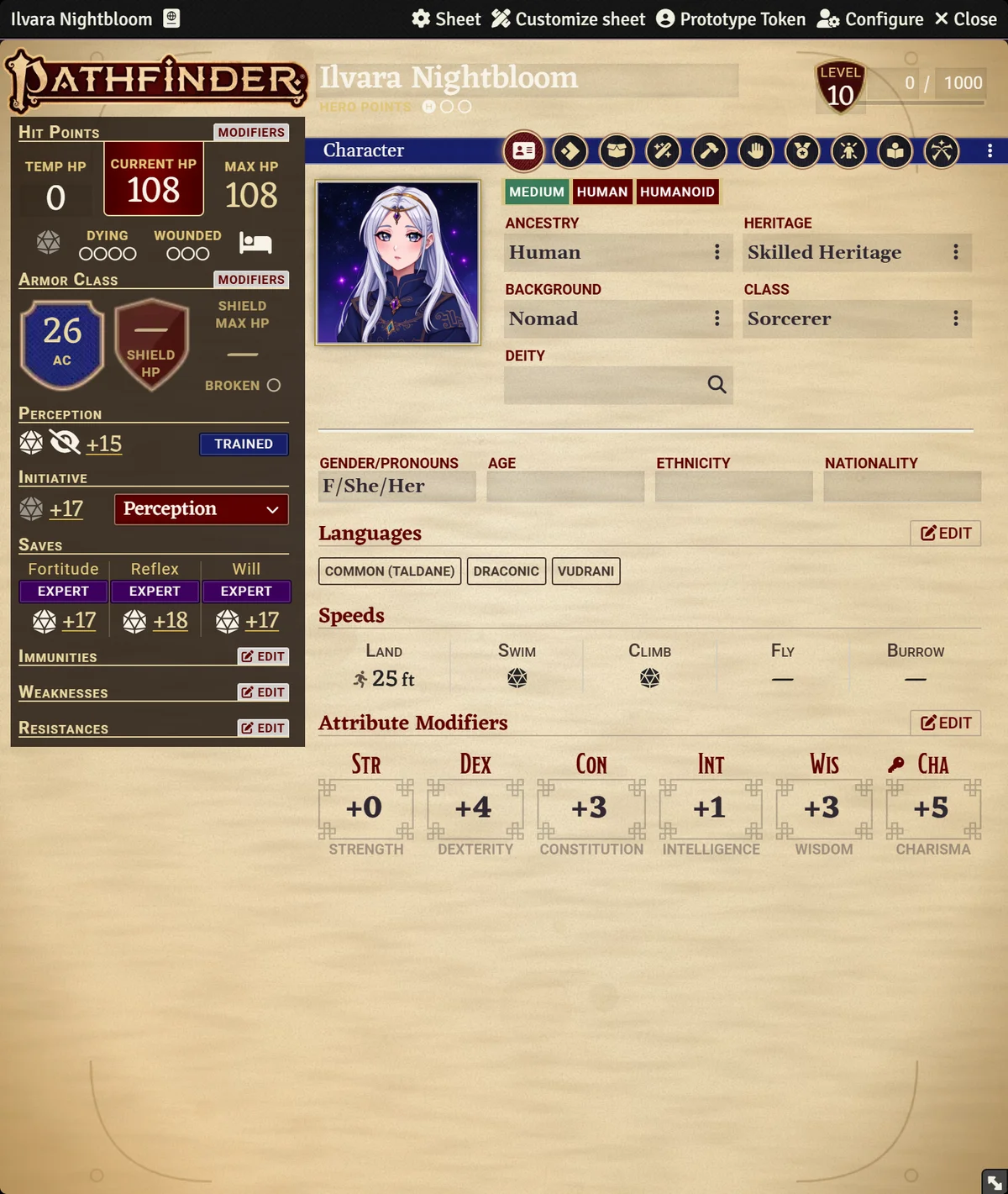 A customized Pathfinder 2e sheet, with artwork behind it and see-through panels
