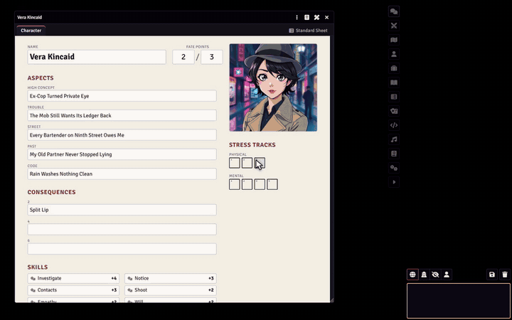 The layout editor open on a drawn FateX sheet