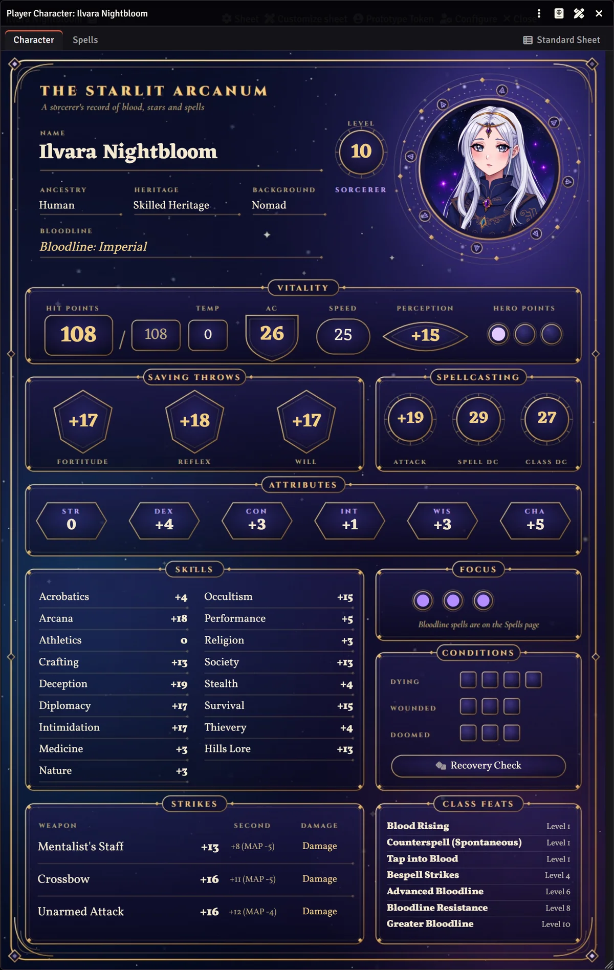 An animated Pathfinder 2e sheet for a sorcerer, with a starry sky